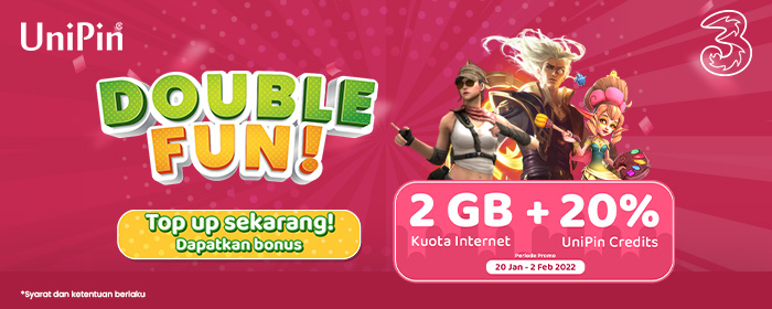 DOUBLE FUN – Dapatkan Bonus 2GB dan 20% UniPin Credits dengan Top Up Game Favoritmu Pakai Pulsa Tri!